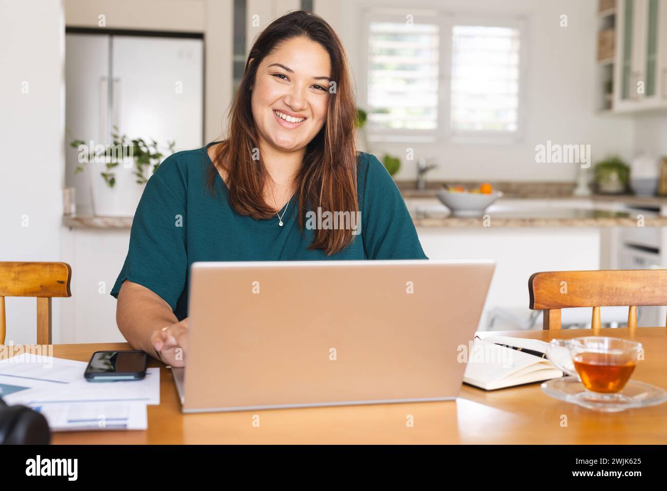 Young biracial woman works on her laptop at home Stock Photo
