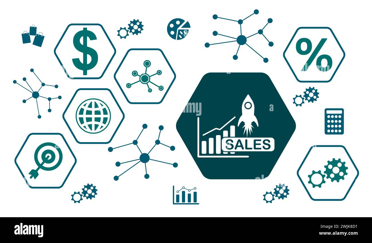 Concept of sales growth with icons in hexagons Stock Photo
