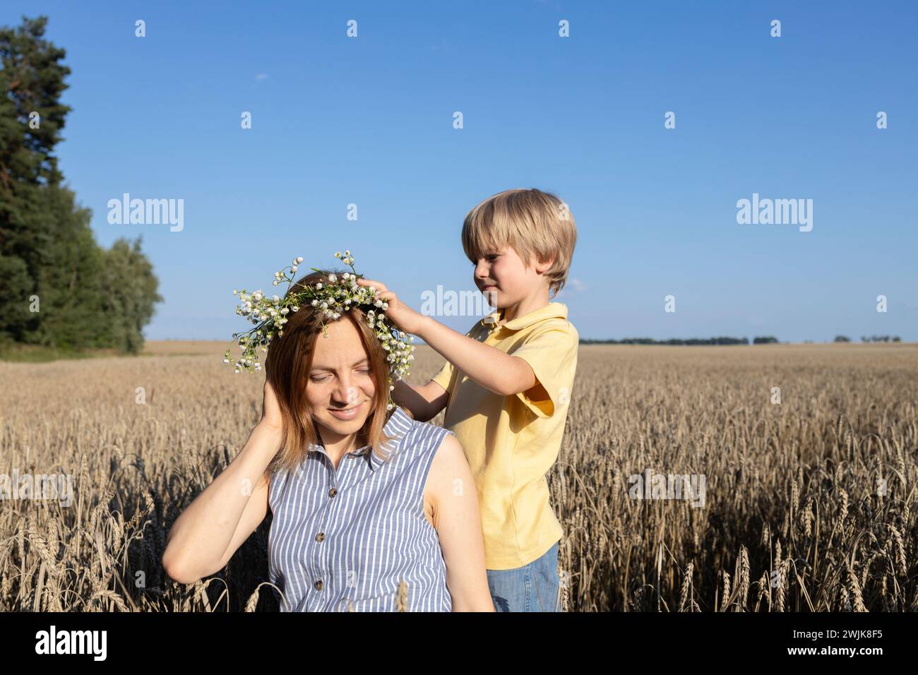 happy family, mother and son in a wheat field. The concept of parental love, motherhood. the boy puts a wreath of daisies on his mothers head. enjoy n Stock Photo