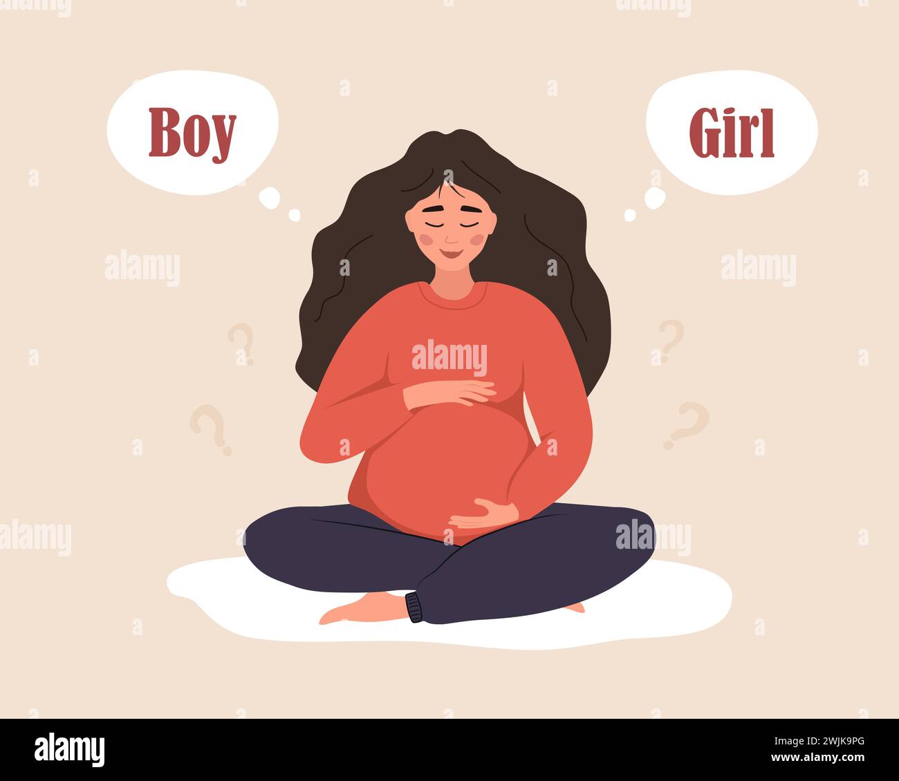 Boy or girl. Pregnant dreaming about of her future baby. Gender of child. Cute woman in lotus position hugs her tummy. Female character expecting for Stock Vector