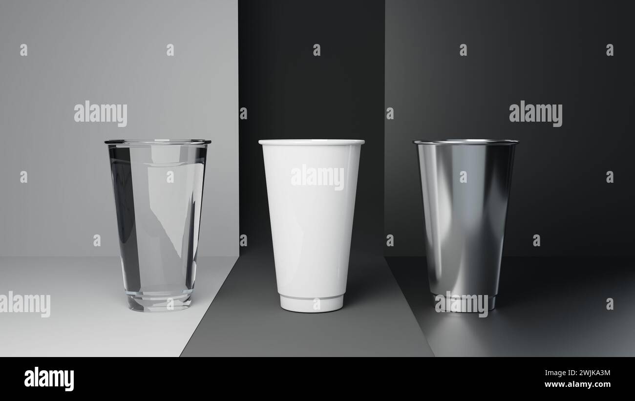3d render of a set of disposable glass in black and white Stock Photo