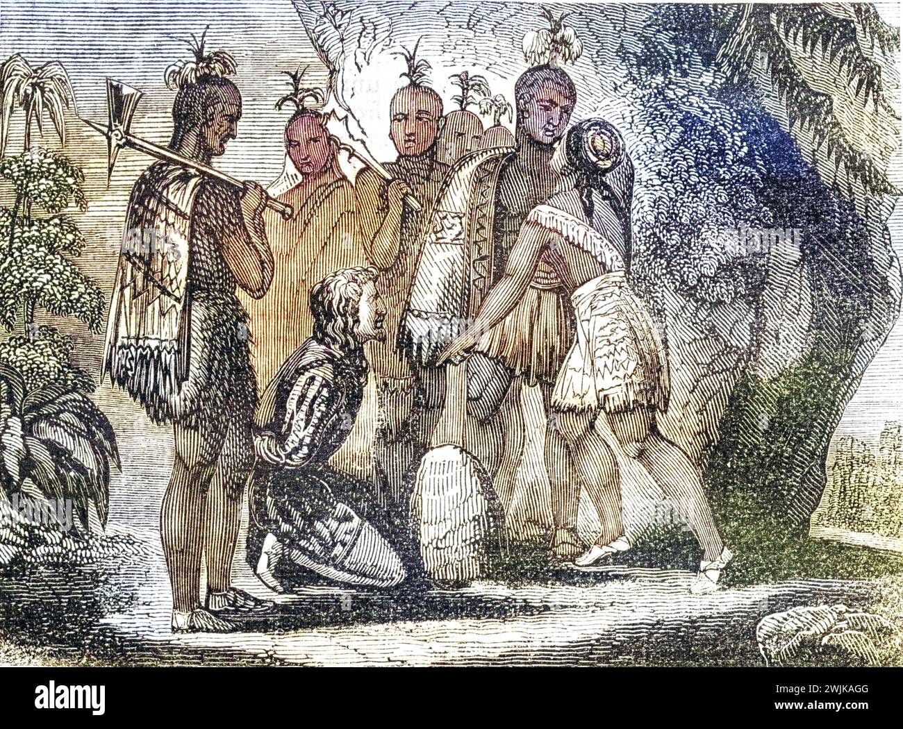 Pocahontas legt Fürsprache für das Leben von Smith ein, 1607. Kapitän John Smith, 1580-1631 Englischer Soldat und Entdecker. Pocahontas (Matoaka) 1595-1617 Algonqiuan-Indianerprinzessin, Historisch, digital restaurierte Reproduktion von einer Vorlage aus dem 19. Jahrhundert, Record date not stated Stock Photo