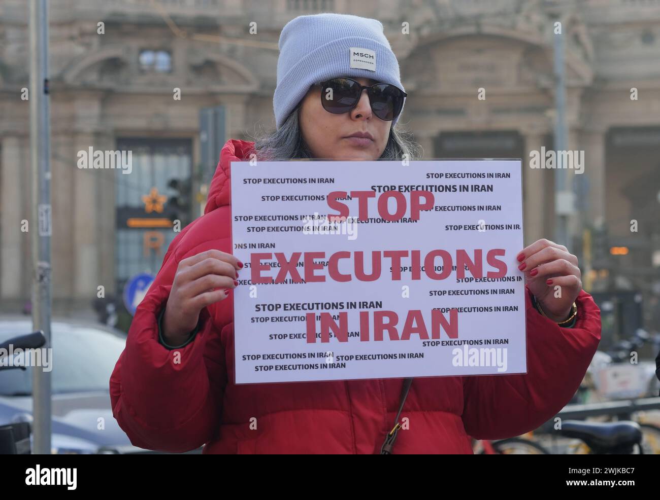 Protest by the Iranian community in Cordusio square for women's rights and Ali Khamenei scheme. Stock Photo