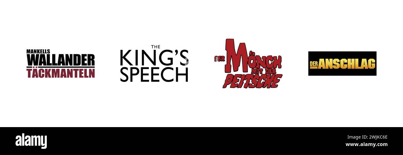 Der Anschlag, Der Moench mit der Peitsche, Wallander Tackmanteln, The Kings Speech,Popular brand logo collection. Stock Vector