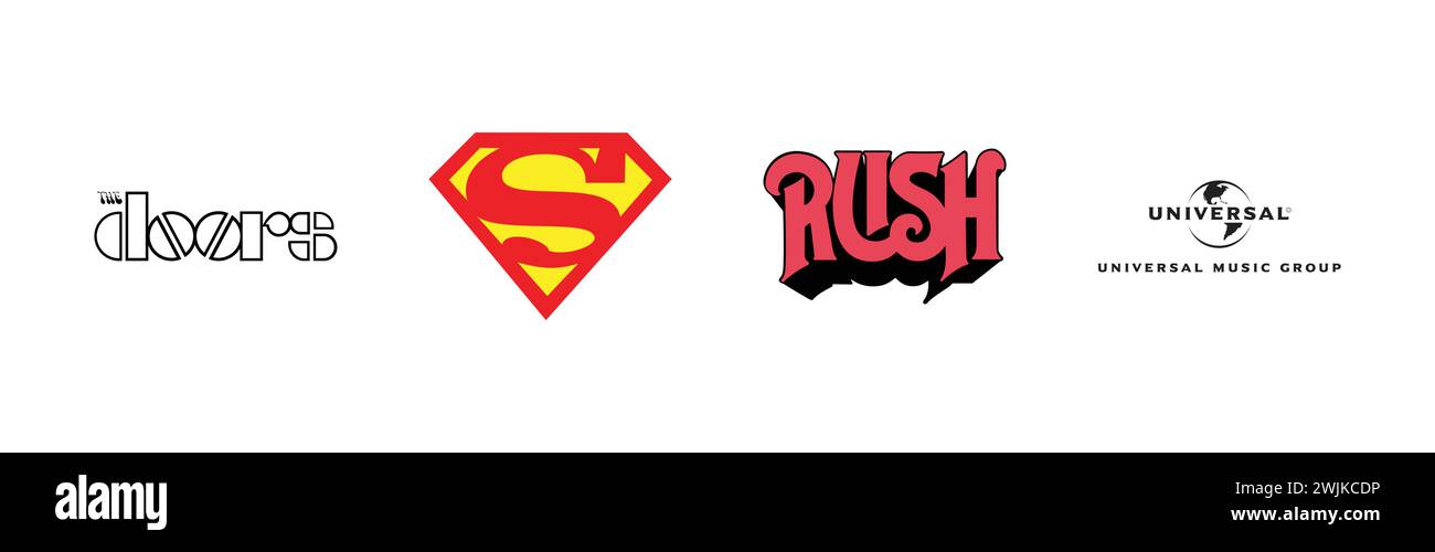 Universal Music Group, The doors, Rush, Superman S,Popular brand logo collection. Stock Vector