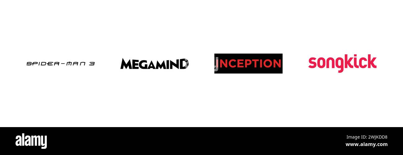 Songkick, Megamind, Spider Man 3, Inception,Popular brand logo collection. Stock Vector