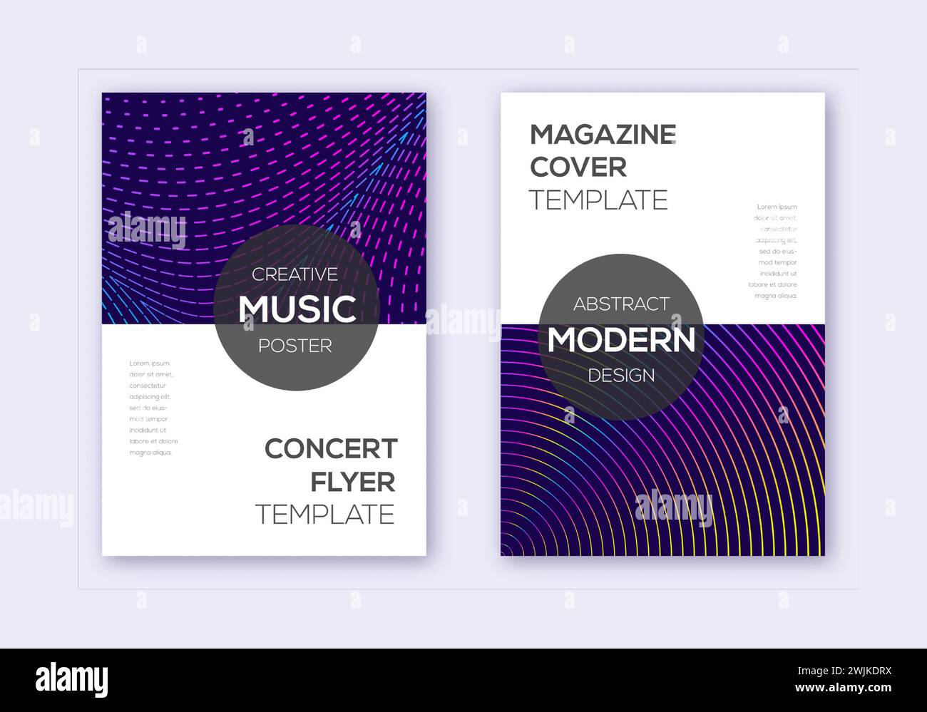 Modern cover design template set. Rainbow abstract lines on dark blue ...
