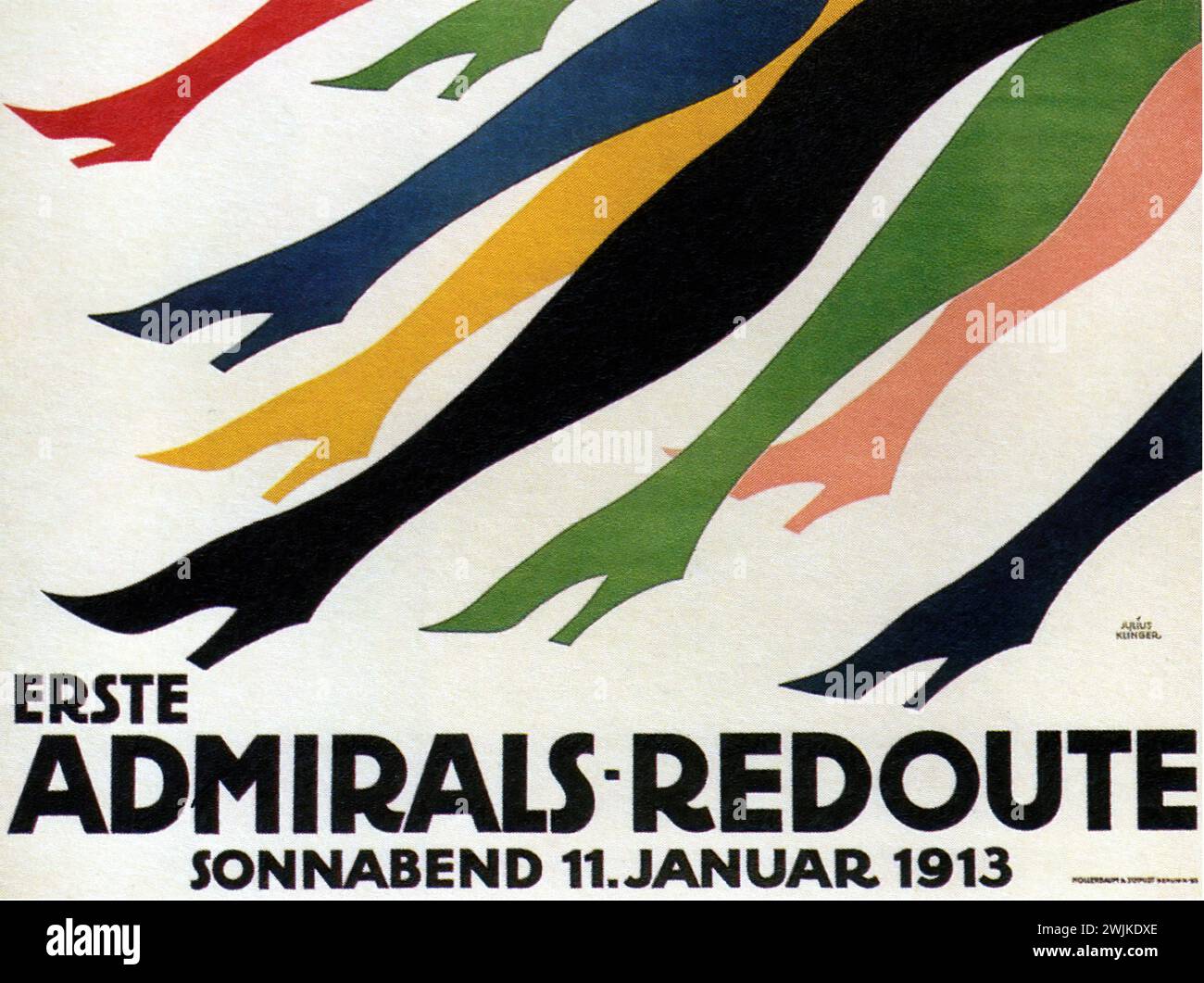'ERSTE ADMIRALS-REDOUTE SONNABEND 11.JANUAR 1913' ['FIRST ADMIRALS' BALL SATURDAY JANUARY 11, 1913'] Vintage German Advertising. The image is a stylized advertisement featuring abstract, flowing flags in a dynamic arrangement, representing the event's elegance and movement. The graphic style is reminiscent of early 20th-century art with a focus on form and color over detail. Stock Photo
