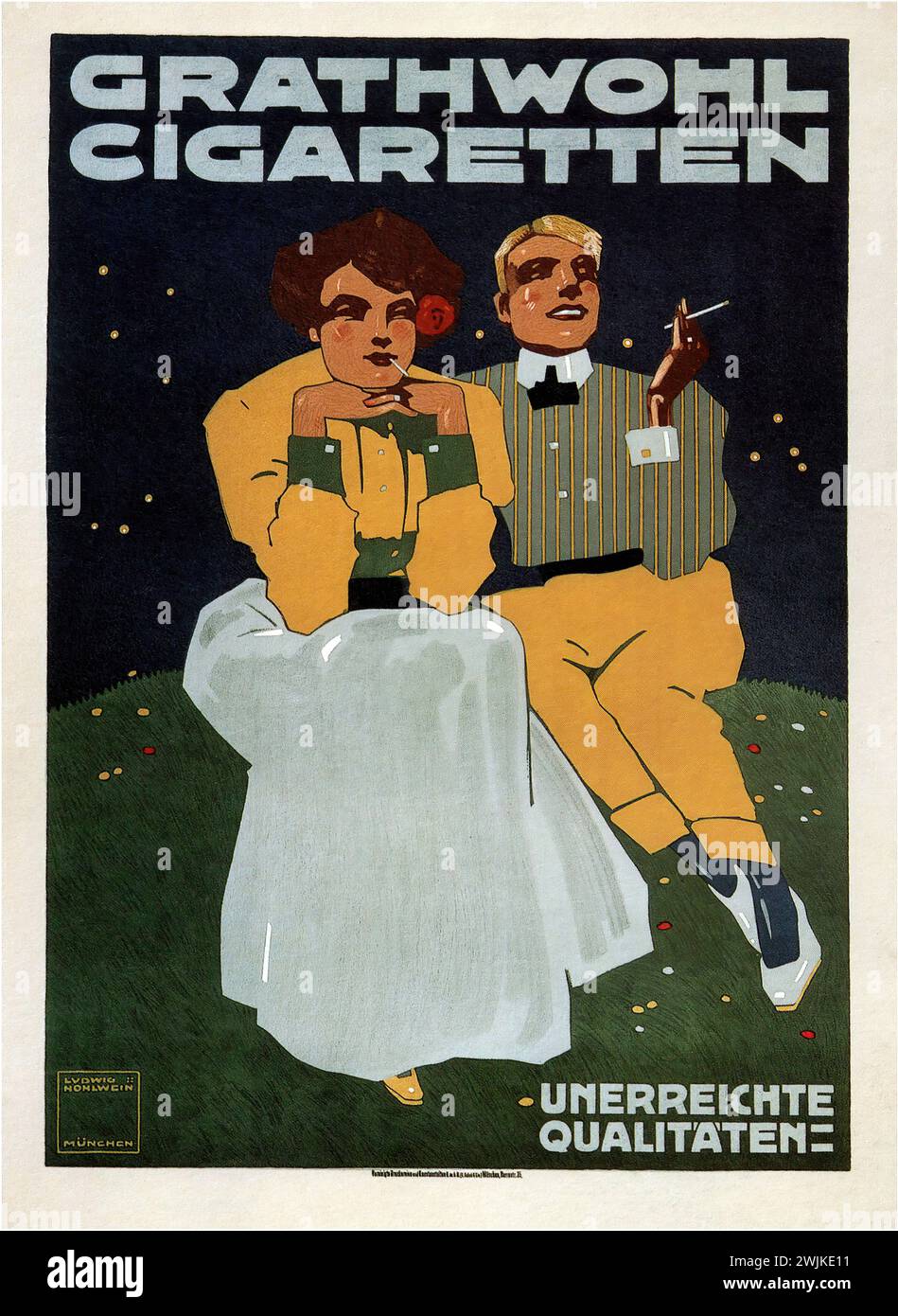 ['Grathwohl Cigaretten Unerreichte Qualitäten'] ['Grathwohl Cigarettes Unmatched Qualities'] Vintage German Advertising depicting a sophisticated couple enjoying cigarettes, with a stylized night scene, utilizing a flat color design and bold typography. Stock Photo