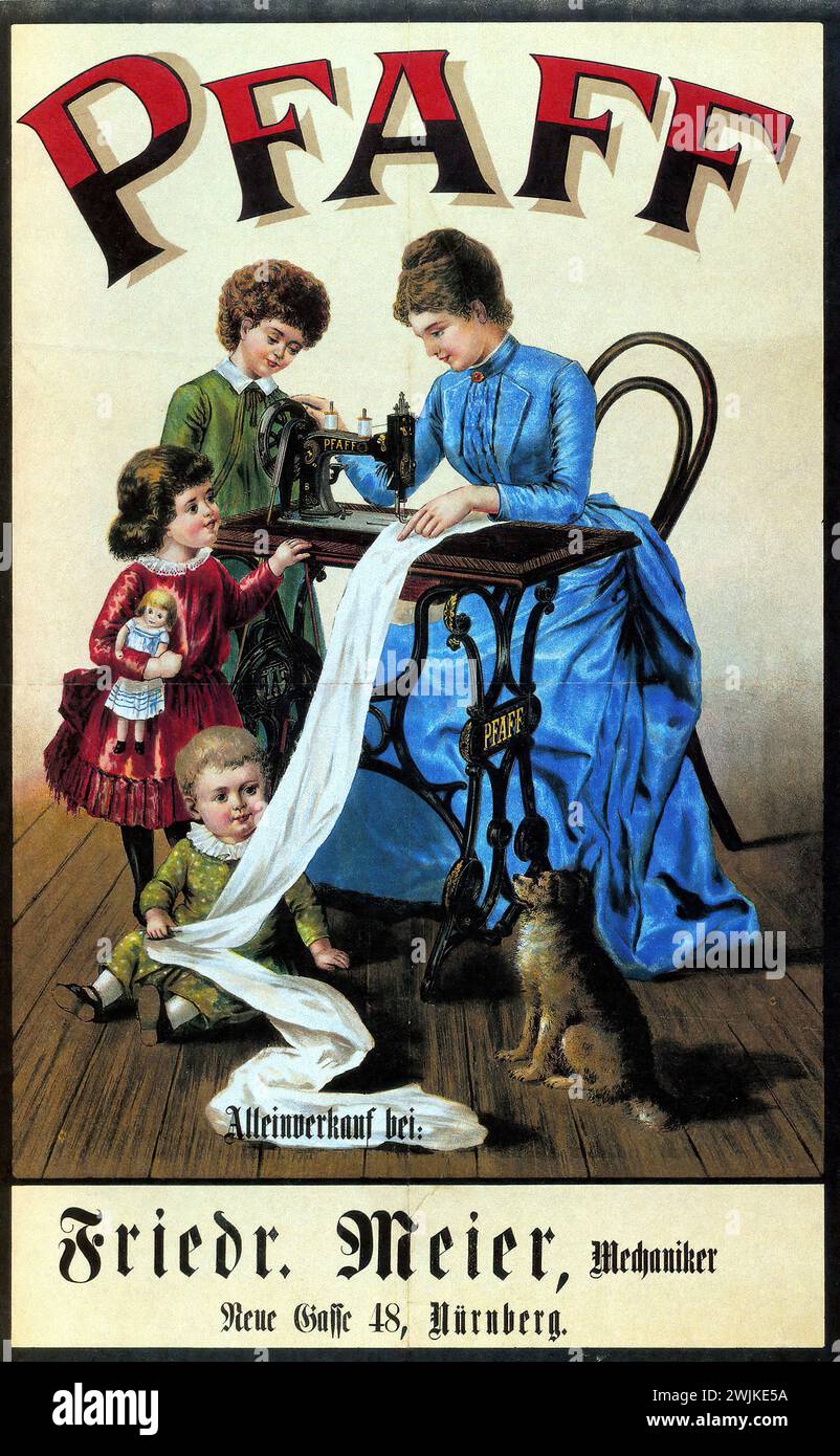 'Pfaff, Friedr. Meier, Mechaniker, Neue Gasse 48, Nürnberg' ['Pfaff, Friedr. Meier, Mechanic, Neue Gasse 48, Nuremberg'] Vintage German Advertising depicting a family scene with a woman and children using a Pfaff sewing machine, rendered in a detailed and colorful style characteristic of late 19th-century advertisement Stock Photo