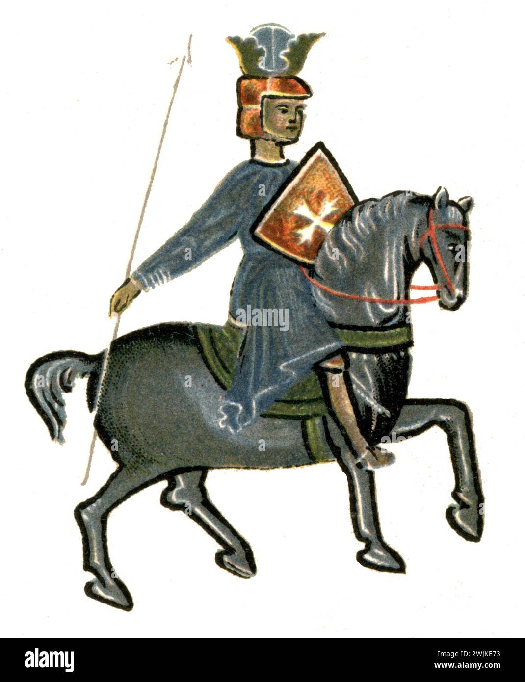 Medieval troubadours: King with shield and lance on a horse ,  (literary history book, 1900), Mittelalterliche Troubadoure: König mit Schild und Lanze auf einem Pferd Stock Photo