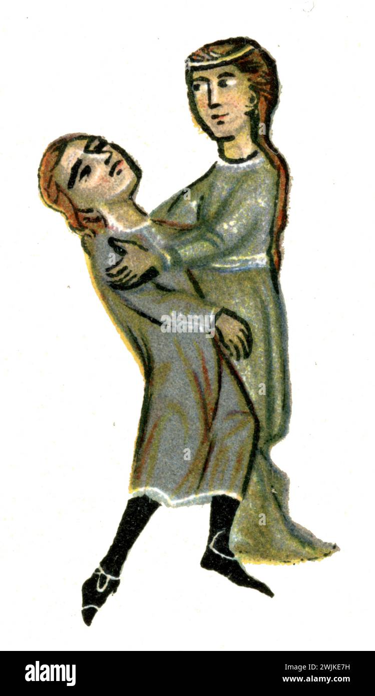 Medieval troubadours: Man and woman dancing ,  (literary history book, 1900), Mittelalterliche Troubadoure: Mann und Frau beim Tanz Stock Photo