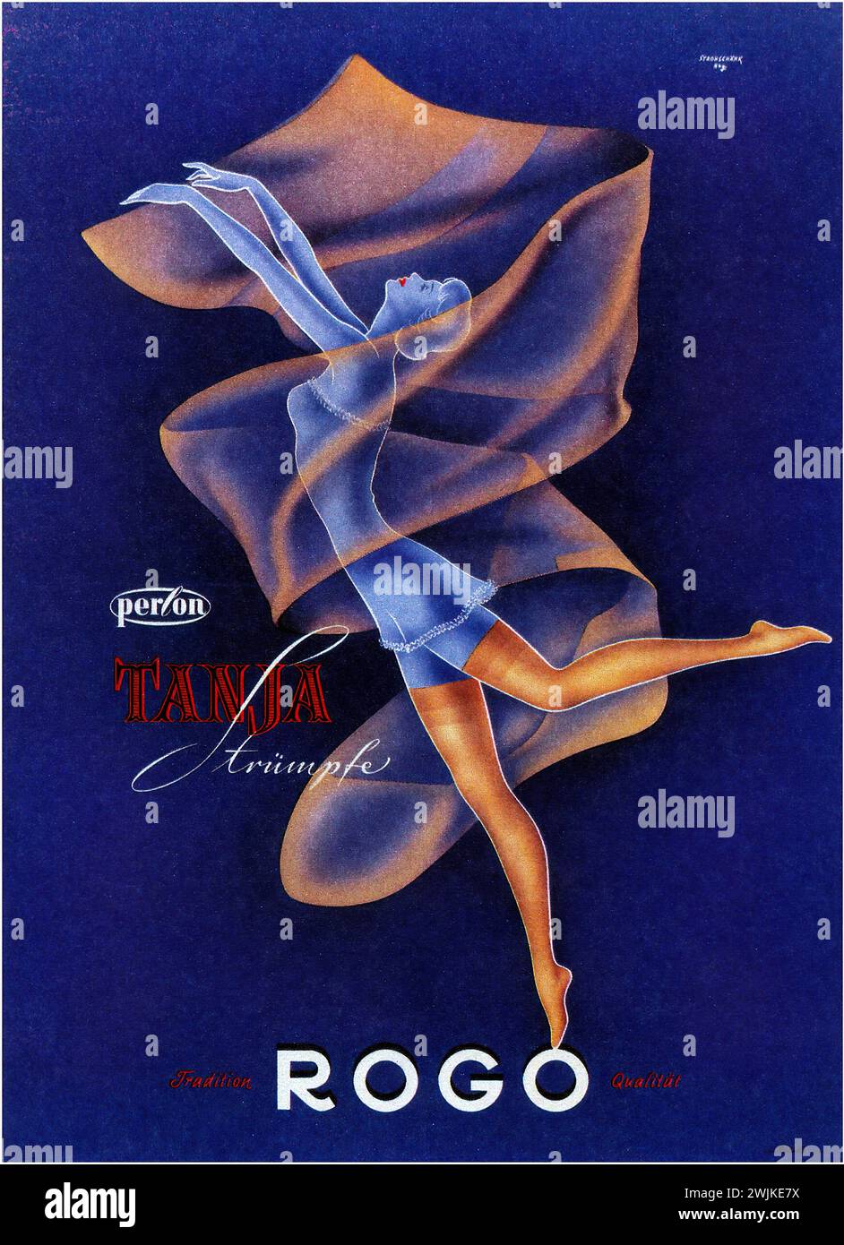 'Perlon Tanja Strümpfe ROGO' ['Perlon Tanja Stockings ROGO'] Vintage German Advertising illustrating a dancer with flowing stockings, emphasizing style and movement in a realistic illustration style Stock Photo