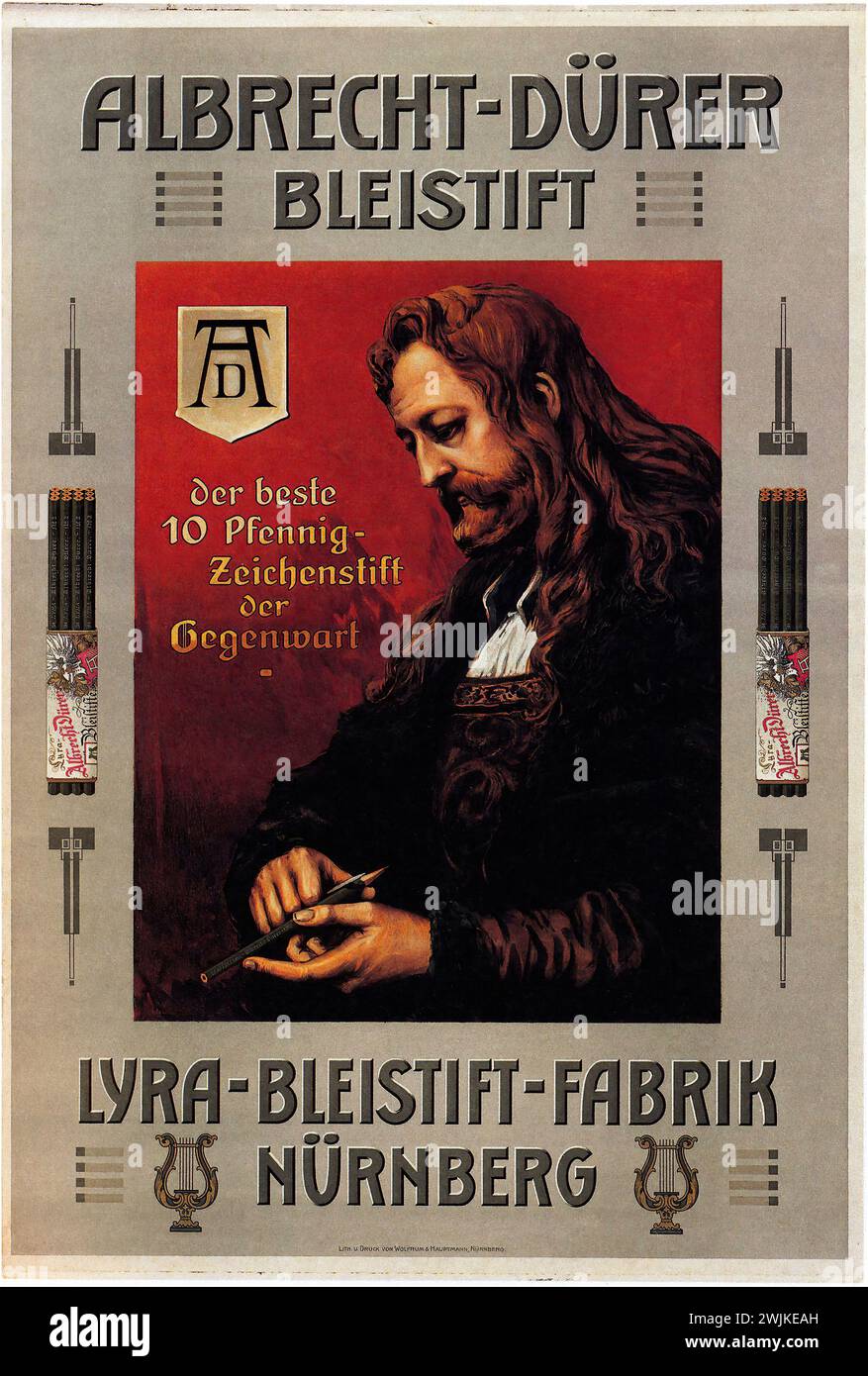 'Albrecht-Dürer Bleistift Der beste 10 Pfennig-Zeichenstift der Gegenwart LYRA-BLEISTIFT-FABRIK NÜRNBERG' ['Albrecht Dürer Pencil The best 10 Pfennig drawing pencil of the present LYRA PENCIL FACTORY NUREMBERG'] Vintage German Advertising, 1907. The poster features Albrecht Dürer, with pencils and stylized text. The graphic style is realistic with a focus on the artist's renowned image. Stock Photo