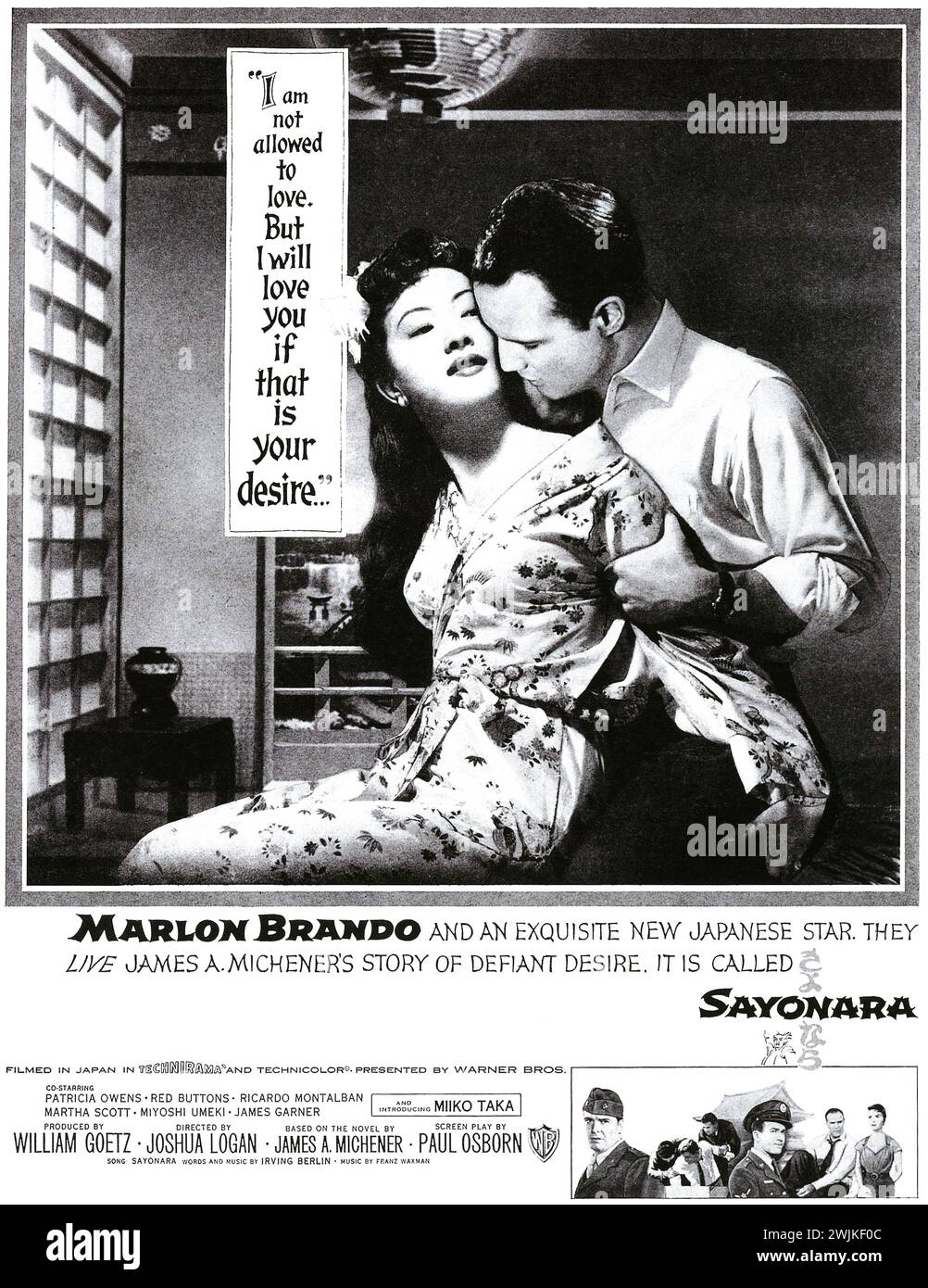 1957 Sayonara American romantic drama film directed by Joshua Logan with Marlon Brando and Miiko Taka. Film print ad and poster Stock Photo