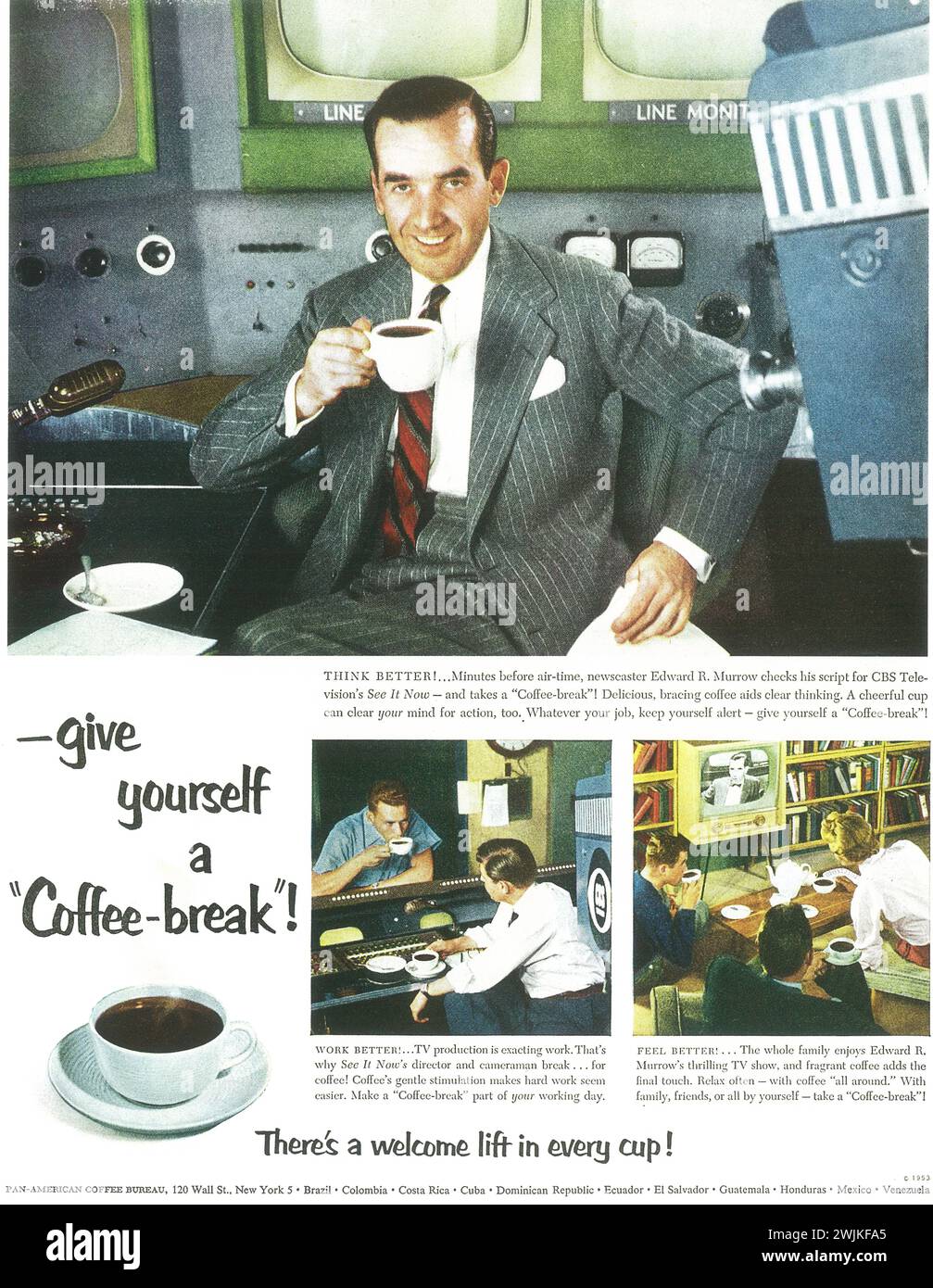 1953 Pan-American Coffee Bureau print ad. 'Give yourself a coffee-break' Coffee ad with endorsement by newscaster Edward R. Murrow. Stock Photo