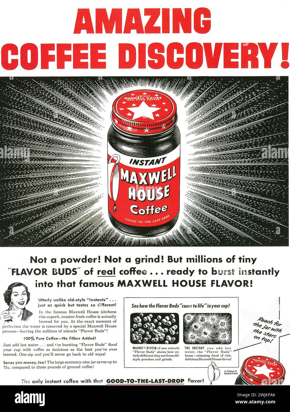 1953 Maxwell House instant coffee ad. 'Amazing coffee discovery!' Stock Photo