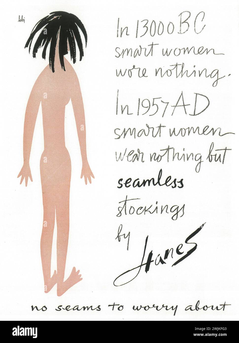 1957 Hanes Seamless Stockings Ad. Artwork by Vladimir Bobri Stock Photo