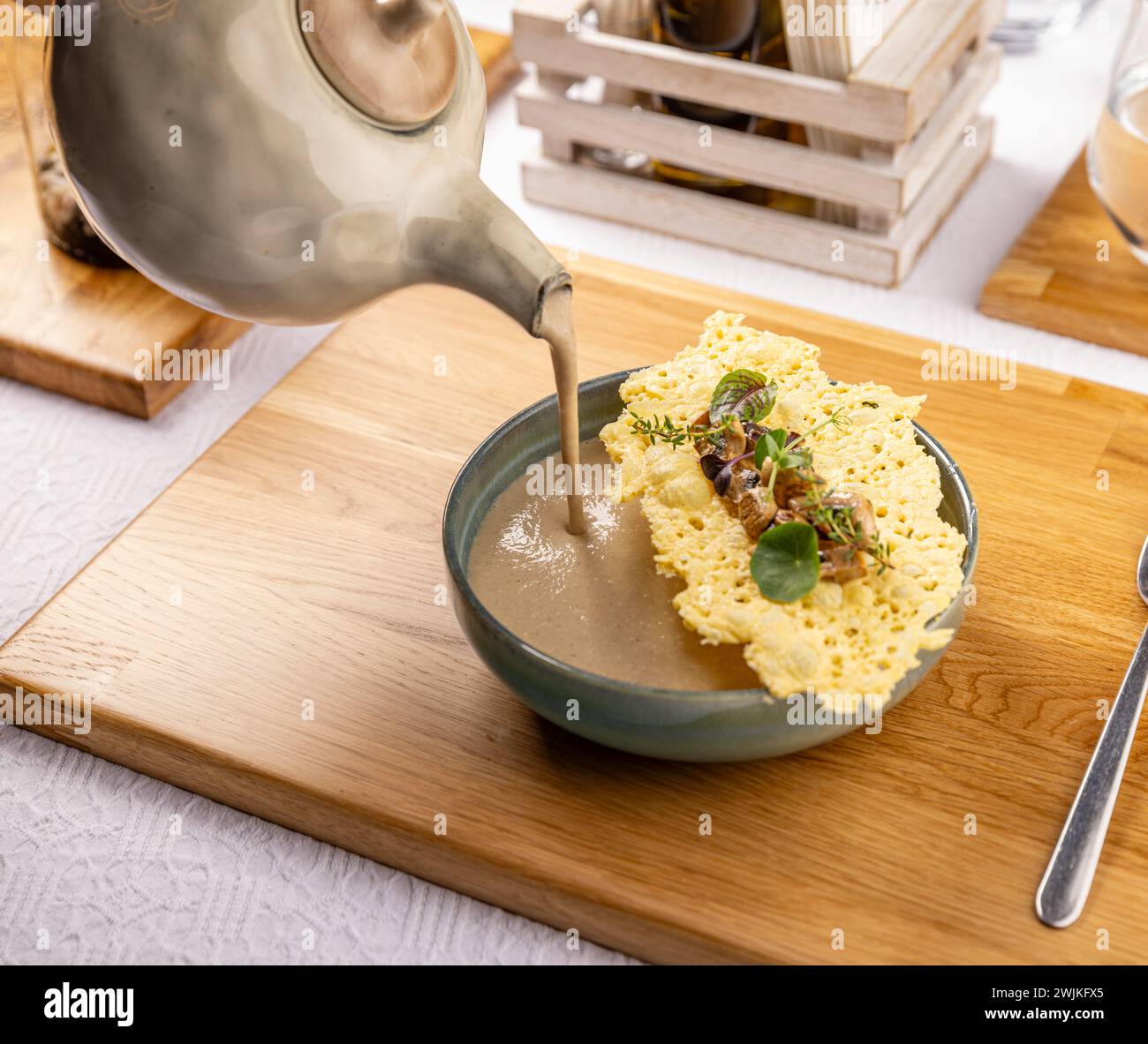 Mushroom champignon cream soup with cheese snack Stock Photo