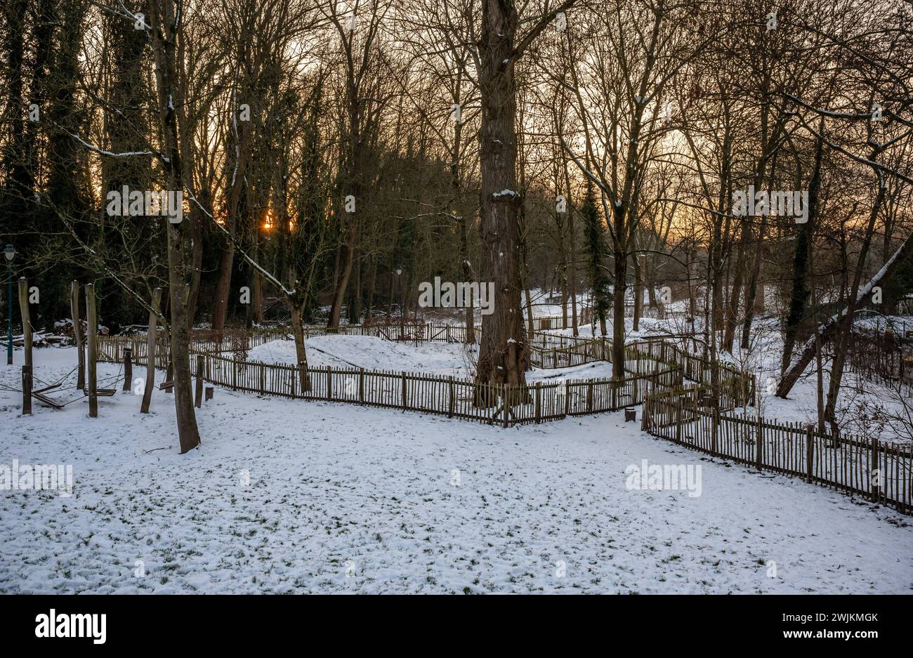 Landscape view over a park with wooden hedges, covered with snow, Jette, Brussels, Belgium Stock Photo