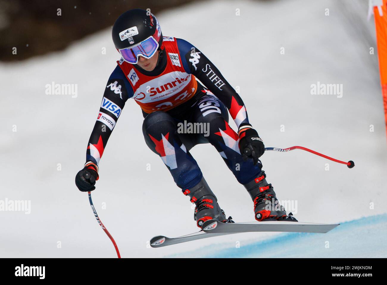 United States' Lauren Macuga speeds down the course during an alpine