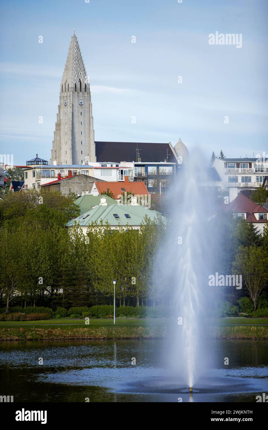 Fountain and Hallgrimskirkja in Reykjavik Stock Photo