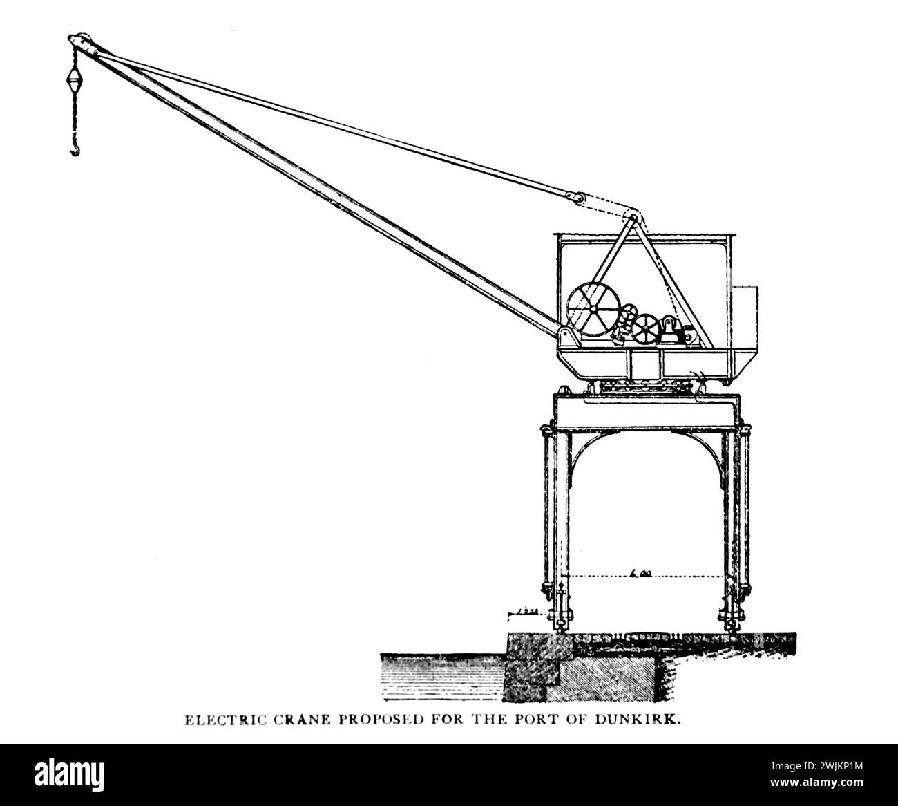 ELECTRIC CRANE PROPOSED FOR the port of Dunkirk, France from the Article MODERN WHARF IMPROVEMENTS AND PORT FACILITIES. By Foster Crowell. from The Engineering Magazine Devoted to Industrial Progress Volume XIV October 1897 - March 1898 The Engineering Magazine Co Stock Photo