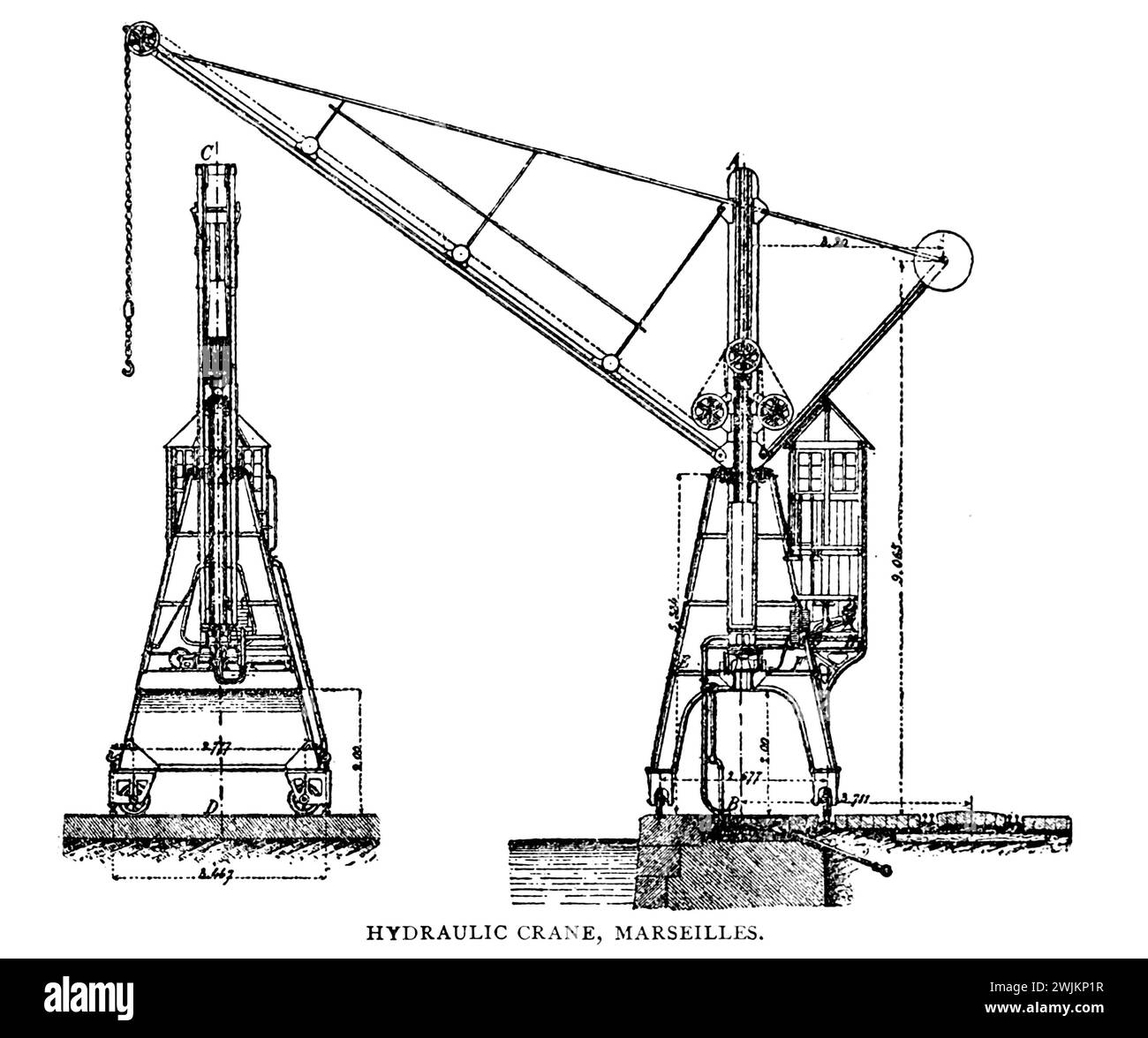 HYDRAULIC CRANE, MARSEILLES, France from the Article MODERN WHARF IMPROVEMENTS AND PORT FACILITIES. By Foster Crowell. from The Engineering Magazine Devoted to Industrial Progress Volume XIV October 1897 - March 1898 The Engineering Magazine Co Stock Photo