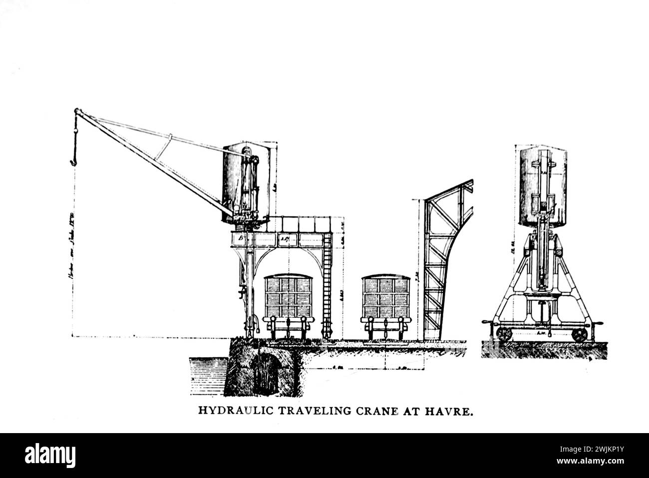 HYDRAULIC Traveling CRANE, Havre from the Article MODERN WHARF IMPROVEMENTS AND PORT FACILITIES. By Foster Crowell. from The Engineering Magazine Devoted to Industrial Progress Volume XIV October 1897 - March 1898 The Engineering Magazine Co Stock Photo