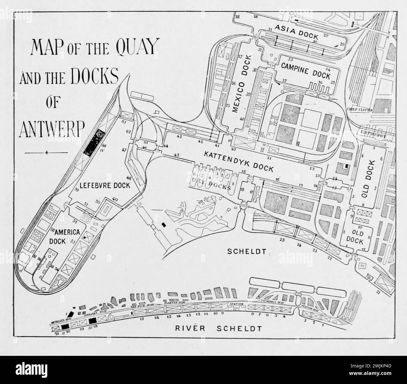 Map of the Quays and the Docks of Antwerp, Belgium from the Article MODERN WHARF IMPROVEMENTS AND HARBOR FACILITIES. By Foster Crowell. from The Engineering Magazine Devoted to Industrial Progress Volume XIV October 1897 - March 1898 The Engineering Magazine Co Stock Photo