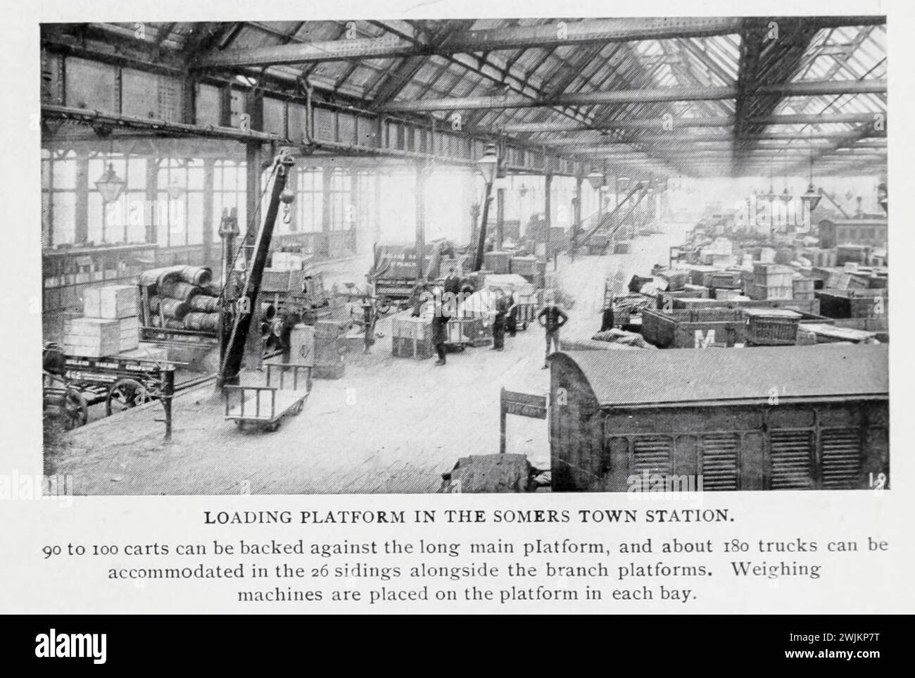 LOADING PLATFORM IN THE SOMERS TOWN STATION. from the Article ENGLISH GOODS STATIONS AND RAILWAY YARDS. By Arch. R. Whitehead. from The Engineering Magazine Devoted to Industrial Progress Volume XIV October 1897 - March 1898 The Engineering Magazine Co Stock Photo