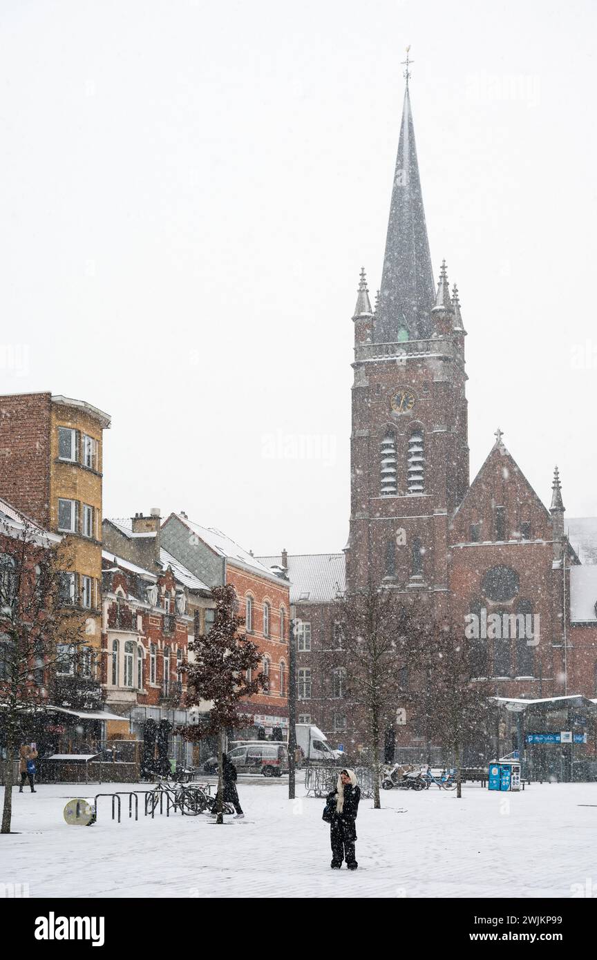 Jette, Brussels Capital Region, Belgium - January 17, 2024 - The Queen Astrid square, covered in snow Stock Photo