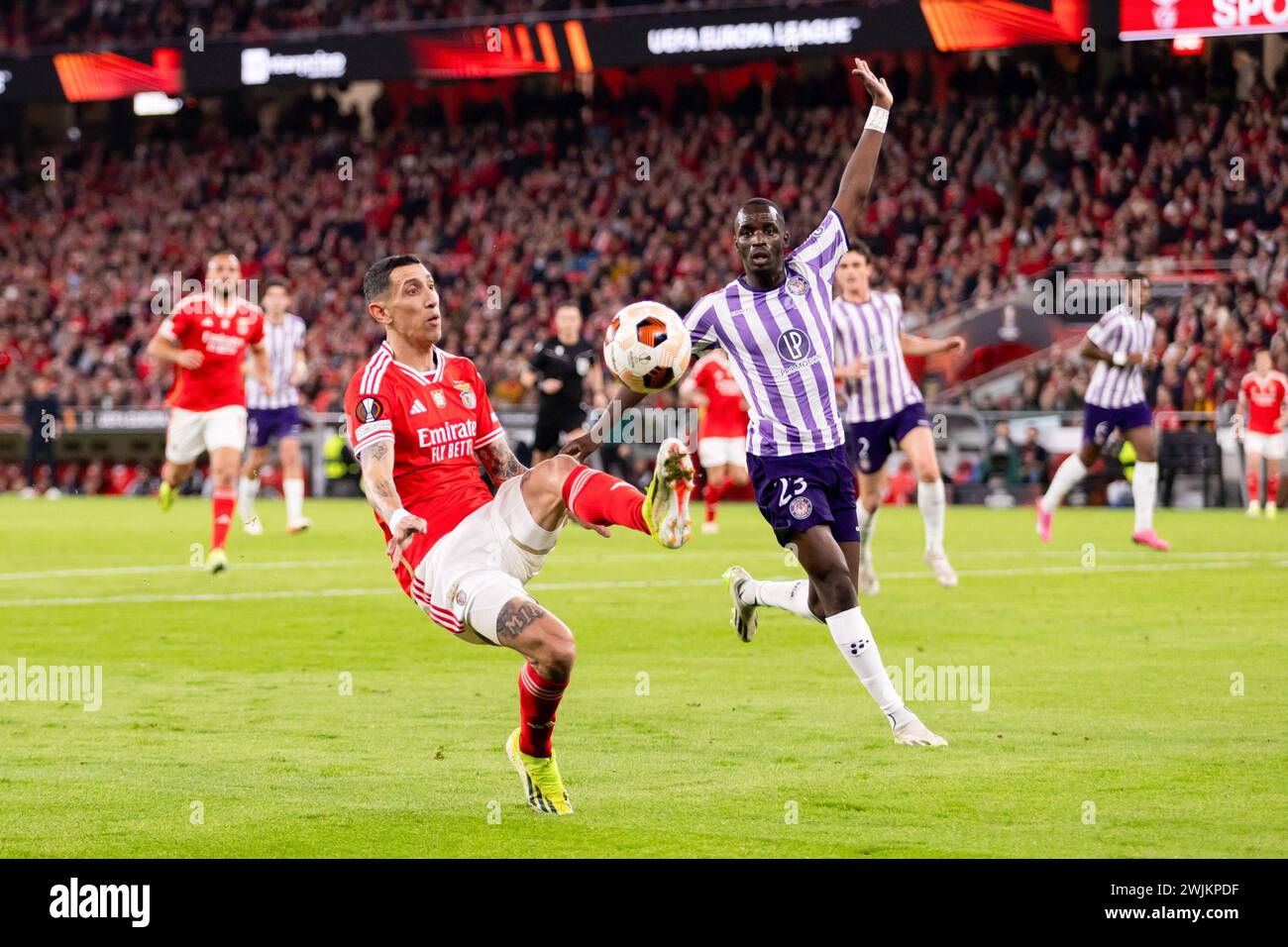 Lisbon, Portugal. 15th Feb, 2024. Ángel Di Maria (L) of SL Benfica and Moussa Diarra (R) of Toulouse seen in action during the UEFA Europa League 2023/24 match between Benfica and Toulouse at Estádio do Sport Lisboa e Benfica. Final score; Benfica 2 - 1 Toulouse. Credit: SOPA Images Limited/Alamy Live News Stock Photo