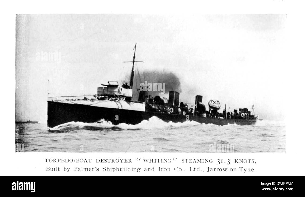 Torpedo-Boat Destroyer Whiting steaming 31.3 knots built by Palmer's shipbuilding and iron Co., LTD., Jarrow-on-Tyne from the Article SHIP-BUILDING AS A PRODUCTIVE INDUSTRY IN GREAT BRITAIN. By James McKechnie. from The Engineering Magazine Devoted to Industrial Progress Volume XIV October 1897 - March 1898 The Engineering Magazine Co Stock Photo