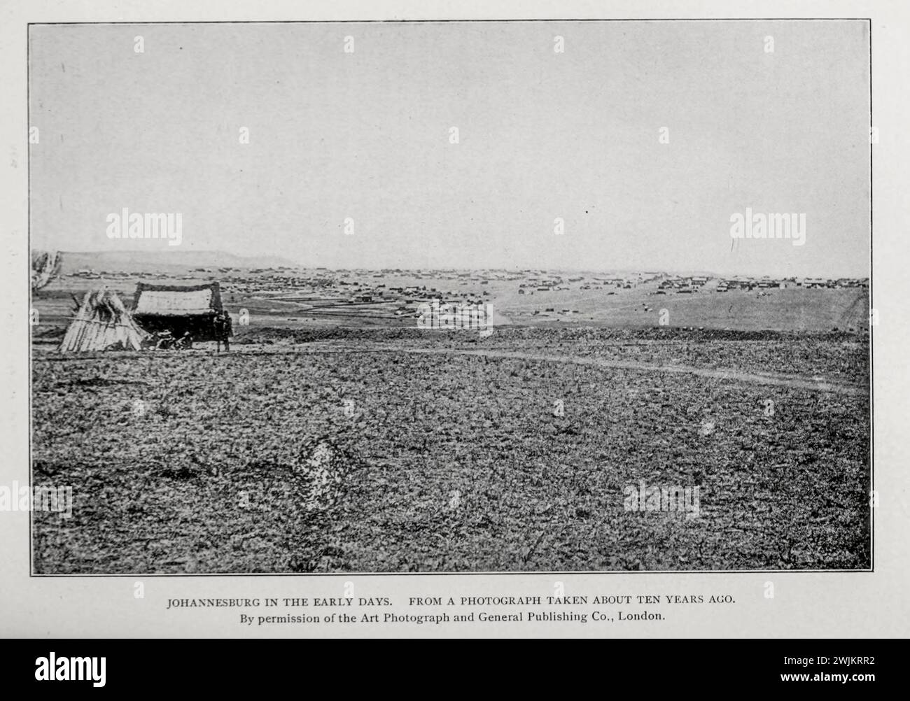 Johannesburg in the early days circa 1885 from the Article THE GOLD MINES OF THE WITWATERSRAND, SOUTH AFRICA. By John Hays Hammond. Part 1: THEIR RAPID DEVELOPMENT, AND THE GEOLOGY OF THE REGION. from The Engineering Magazine Devoted to Industrial Progress Volume XIV October 1897 - March 1898 The Engineering Magazine Co Stock Photo