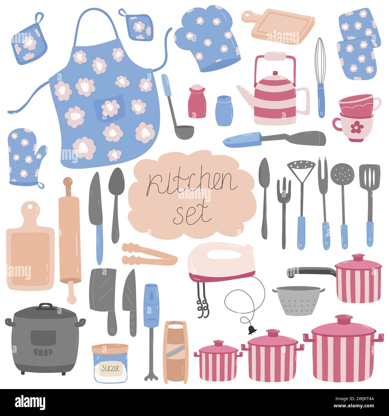 Vector set of kitchen utensils. Kitchen tools on a white background. Stock Vector