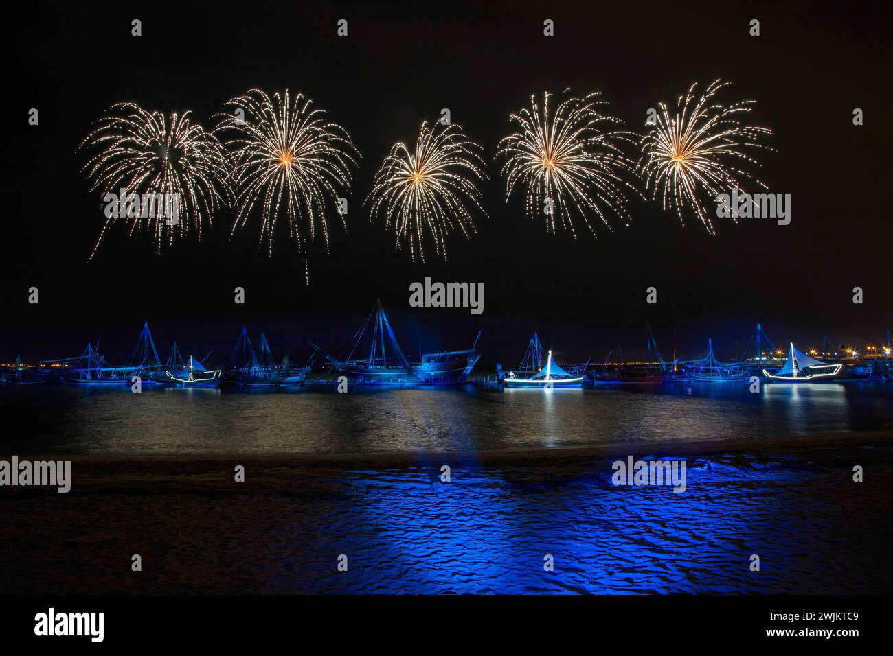 Fireworks Qatar National Day at Katara Cultural village. dhow festival Stock Photo