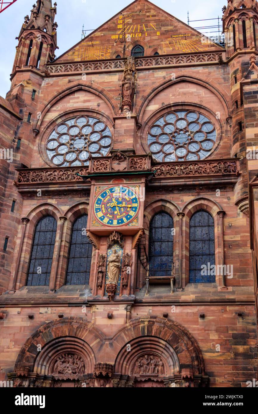 Astronomic clock on the outside of Strasbourg Cathedral or the Cathedral of Our Lady of Strasbourg in Strasbourg, France Stock Photo