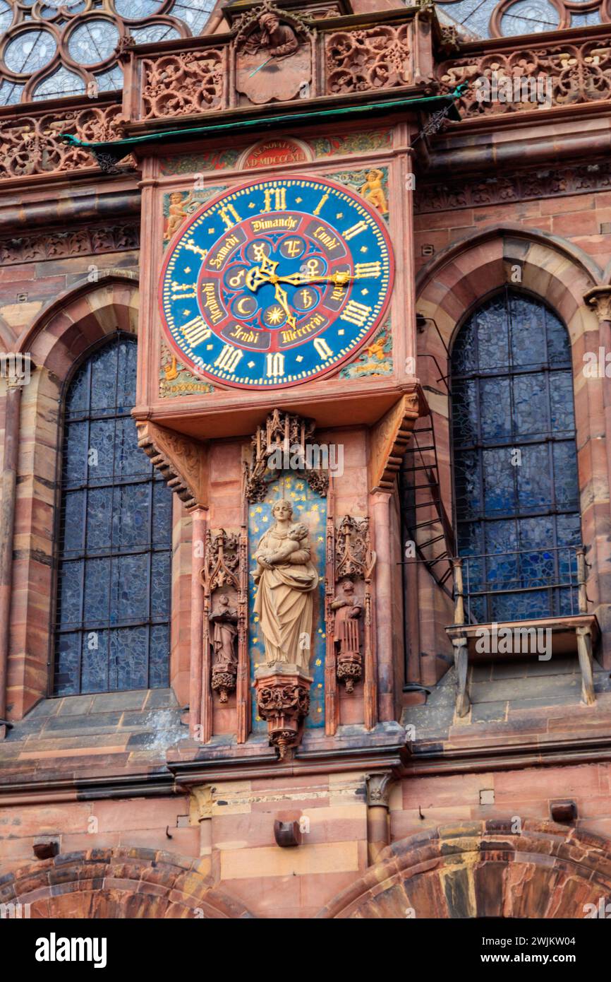 Astronomic clock on the outside of Strasbourg Cathedral or the Cathedral of Our Lady of Strasbourg in Strasbourg, France Stock Photo