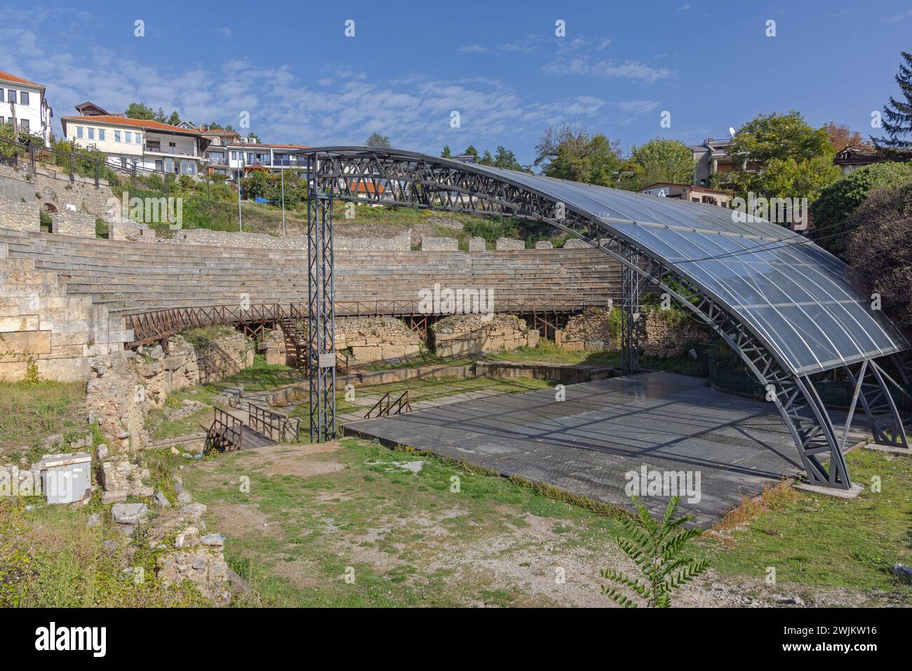 Ohrid, North Macedonia - October 23, 2023: Ancient Macedonian Theatre of Ohrid Classical Greek Open Air Amphitheater Venue. Stock Photo