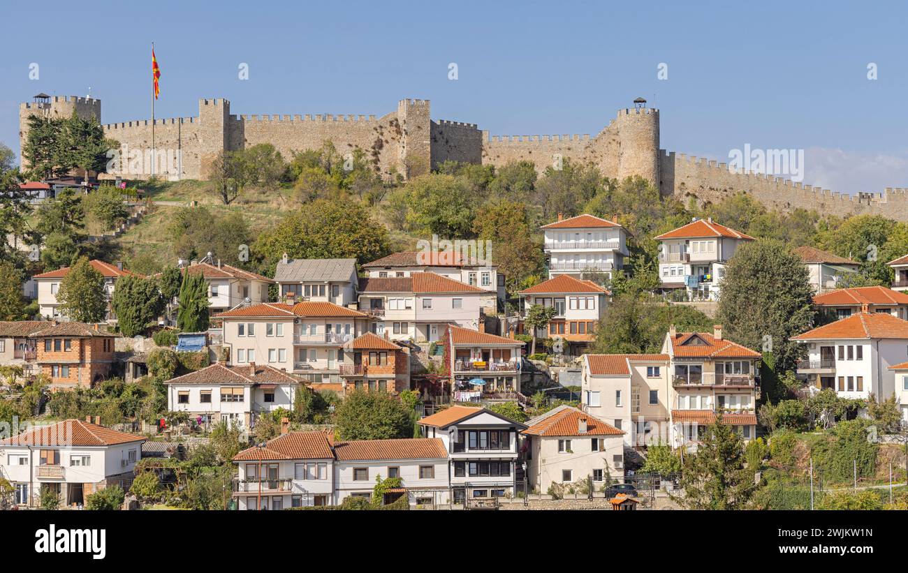 Ohrid, North Macedonia - October 23, 2023: Samuel Fortress at Top of Hill Traditional Houses at Cliff Old Town Autumn Day. Stock Photo