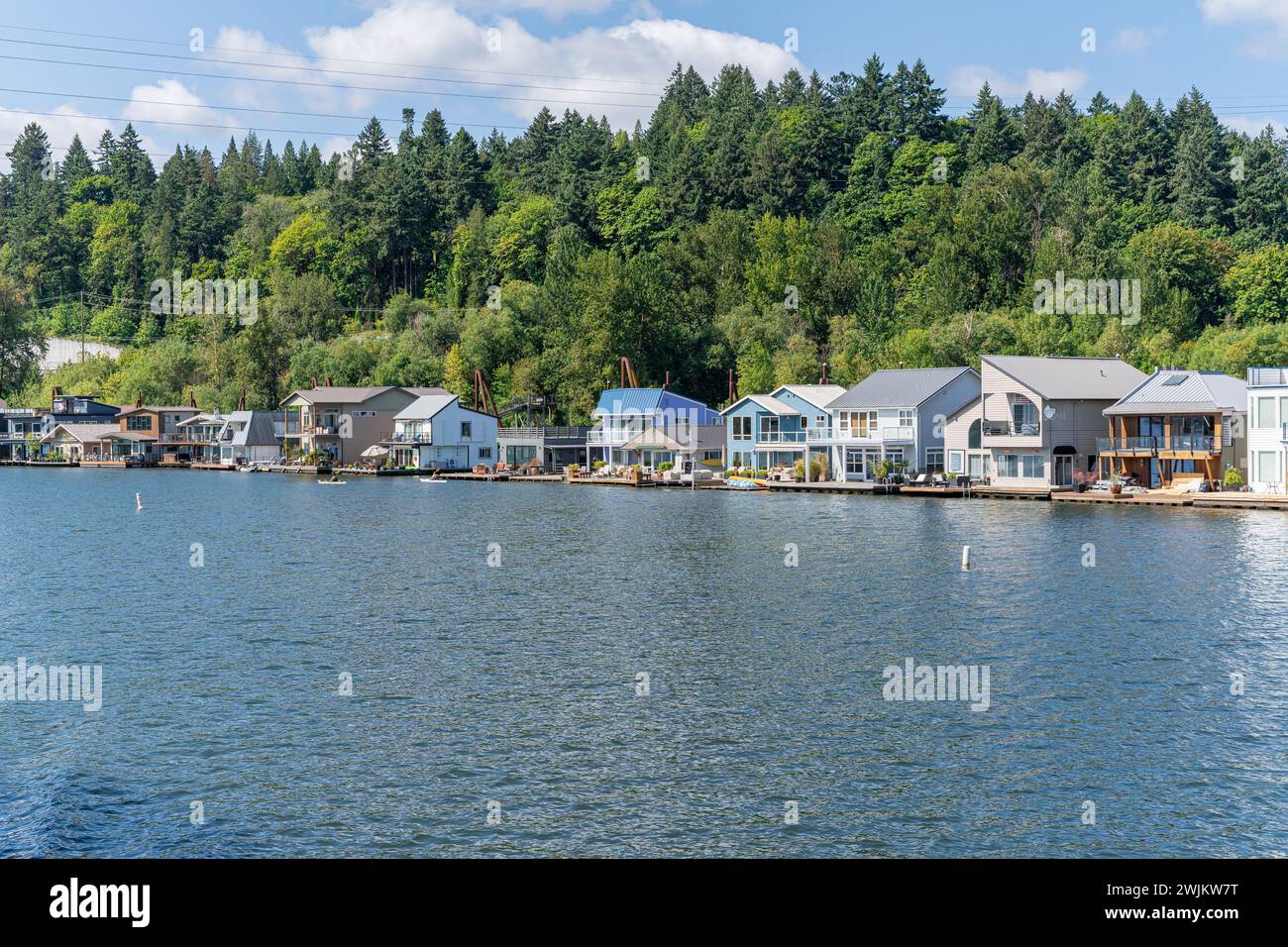 Floating Homes Along The Willamette River in Portland Oregon Stock
