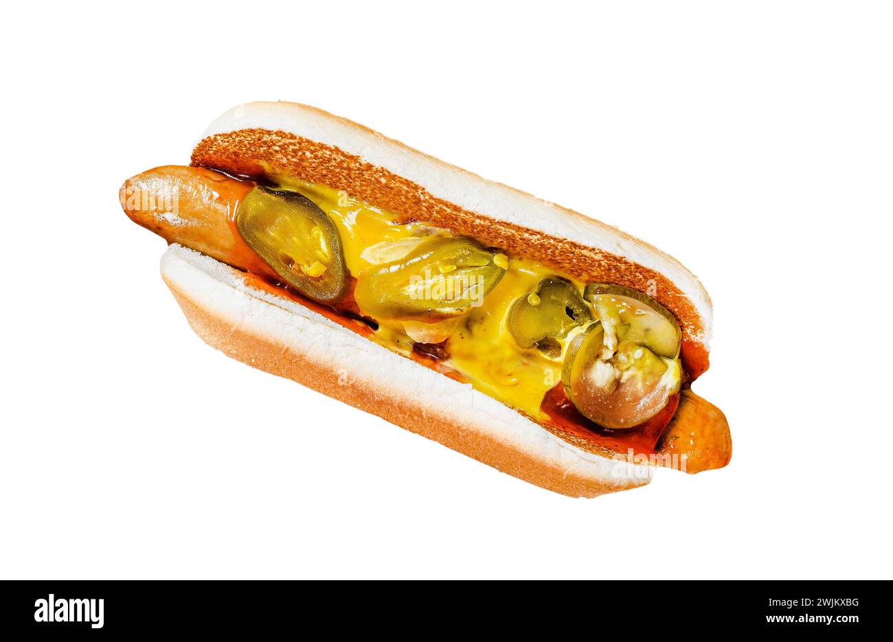 Hot dog with pork sausage Isolated on white background. Top view Stock Photo