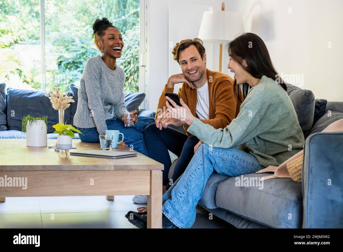 Small group of friends having fun while hanging on living room Stock Photo