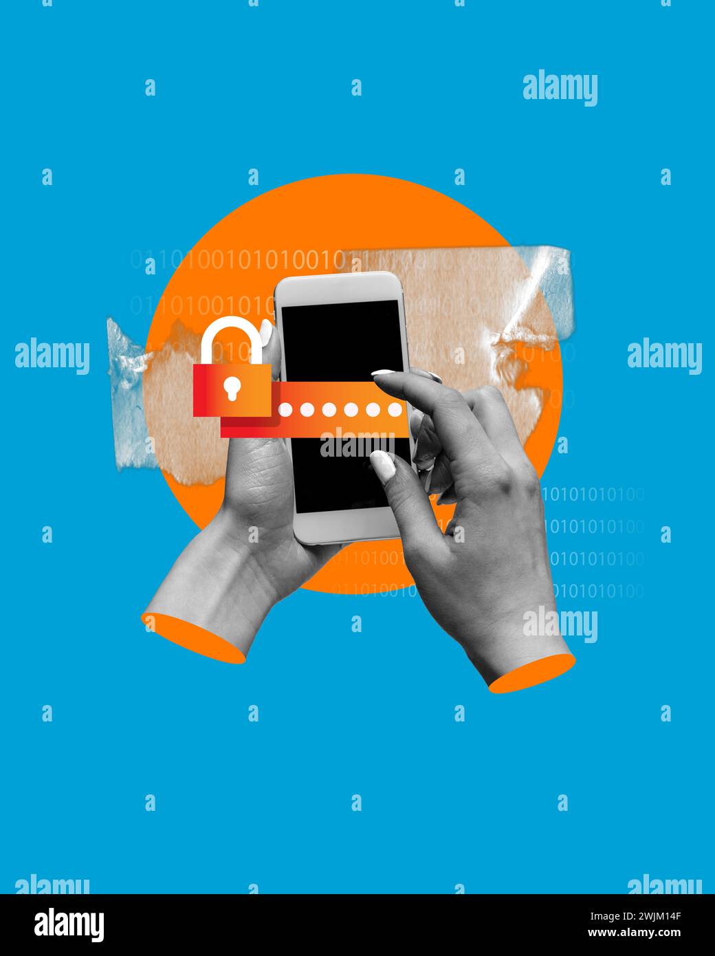 Two hands holding smartphone with digital padlock on screen. Mobile security app promotion highlighting touchscreen passcode entry. Stock Photo