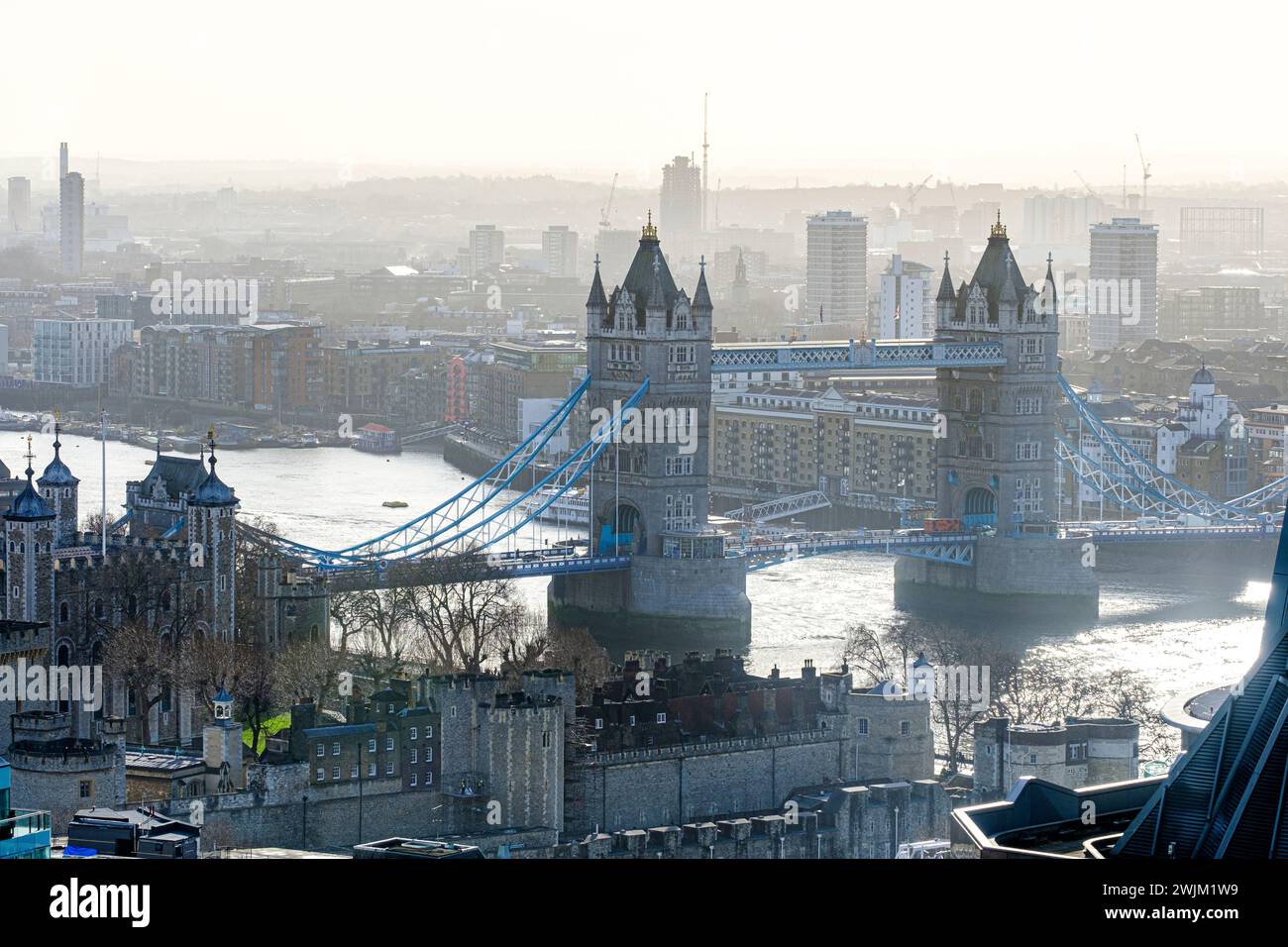 The beauty and history of Tower Bridge, the world's most famous bascule bridge, as it spans the Thames and connects the city. Tower Bridge, a marvel o Stock Photo