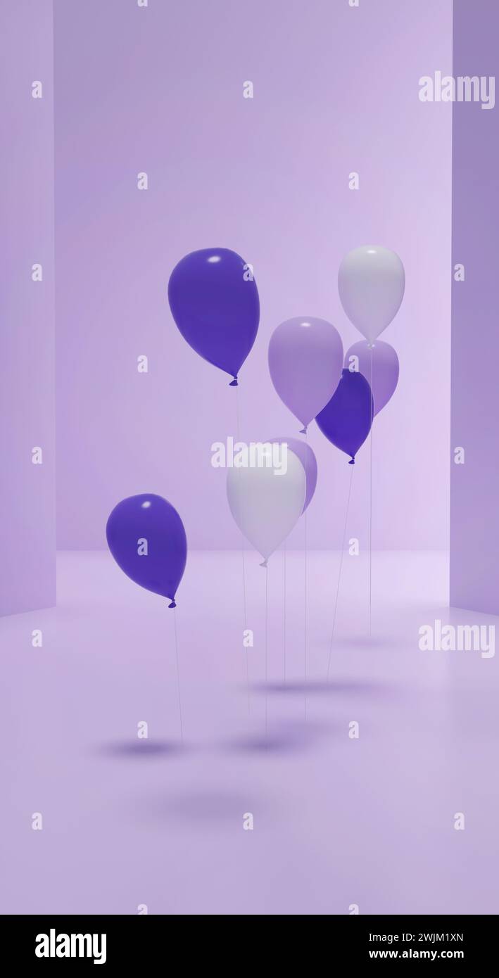 Stage for product presentation or celebration. Purple stage for presentation with helium balloons. 3D rendering. Stock Photo