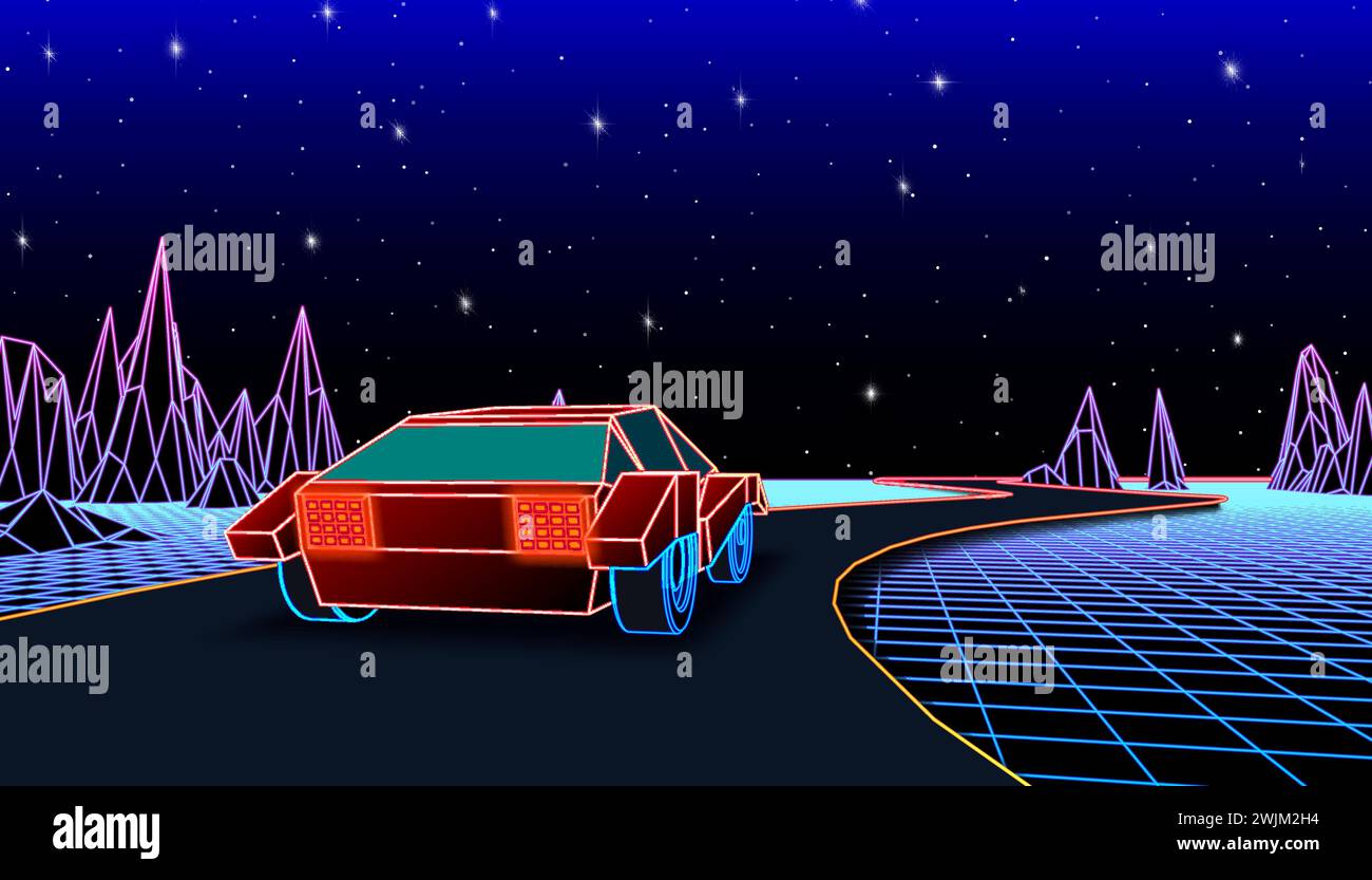 Neon car in 80s synthwave style racing to the mountains. Retrowave auto illustration with shiny neon car on the grid landscape, road in 90s arcade Stock Vector