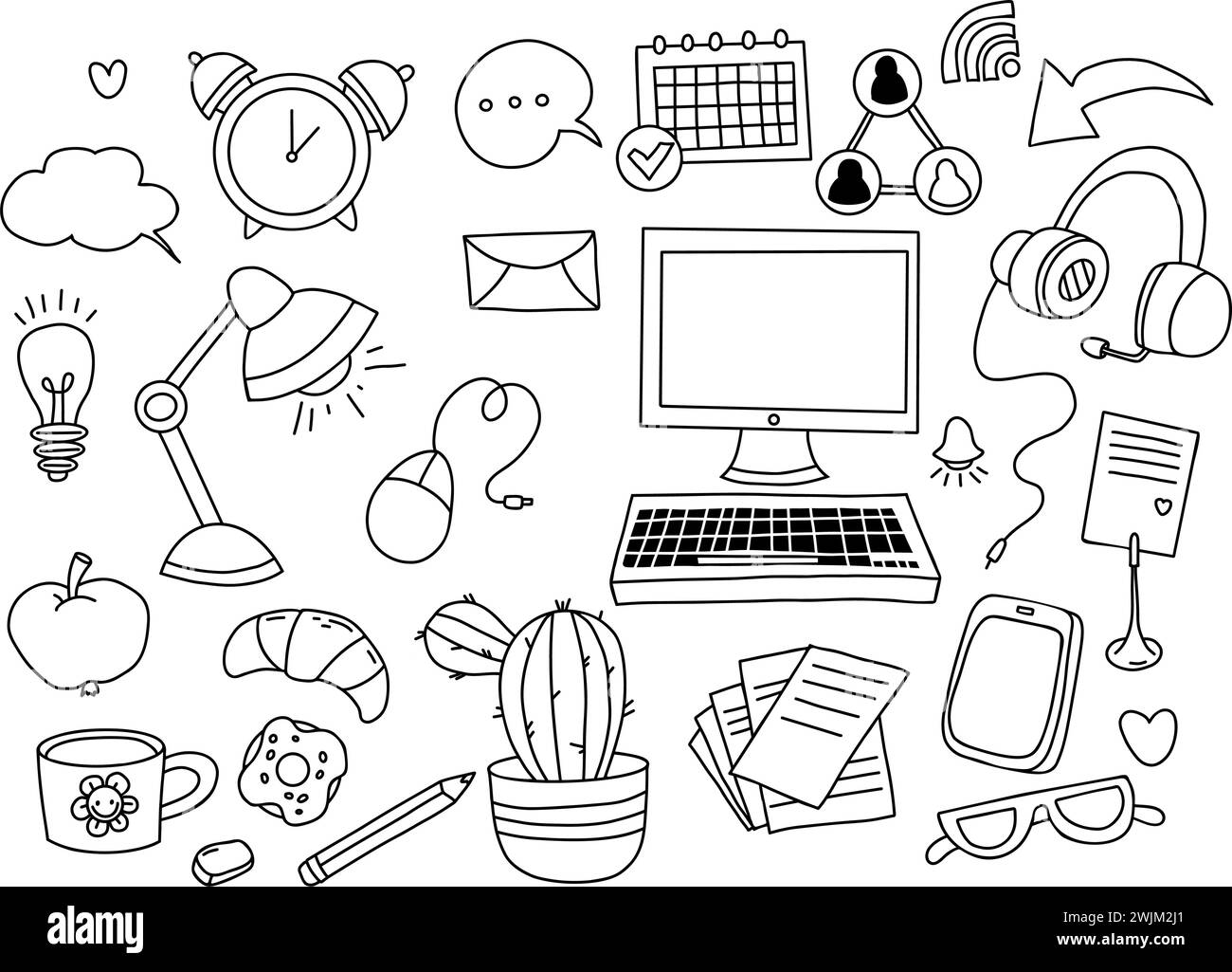 Business, work in office and home, technology and communication. Collection of linear hand doodles. Isolated vector outline drawings on white backgrou Stock Vector