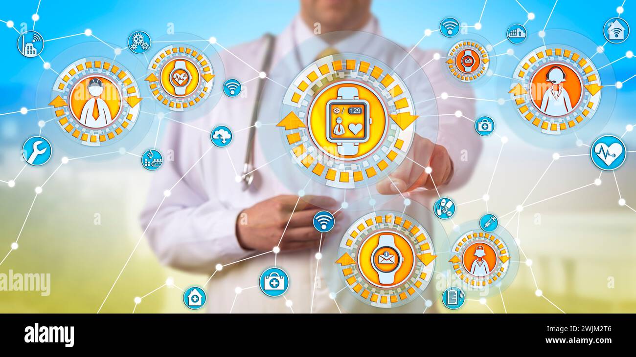 Unrecognizable male physician is tracking the pulse trace of a remote worker via smart watch. Healthcare concept for internet of medical things, IoMT, Stock Photo